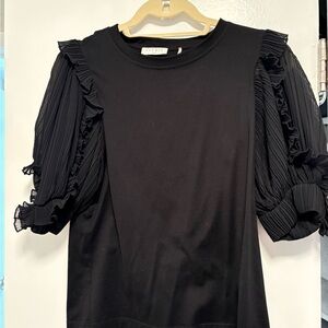 Sandro Black Long-Sleeve Tee with Pleated Puff Sleeves
